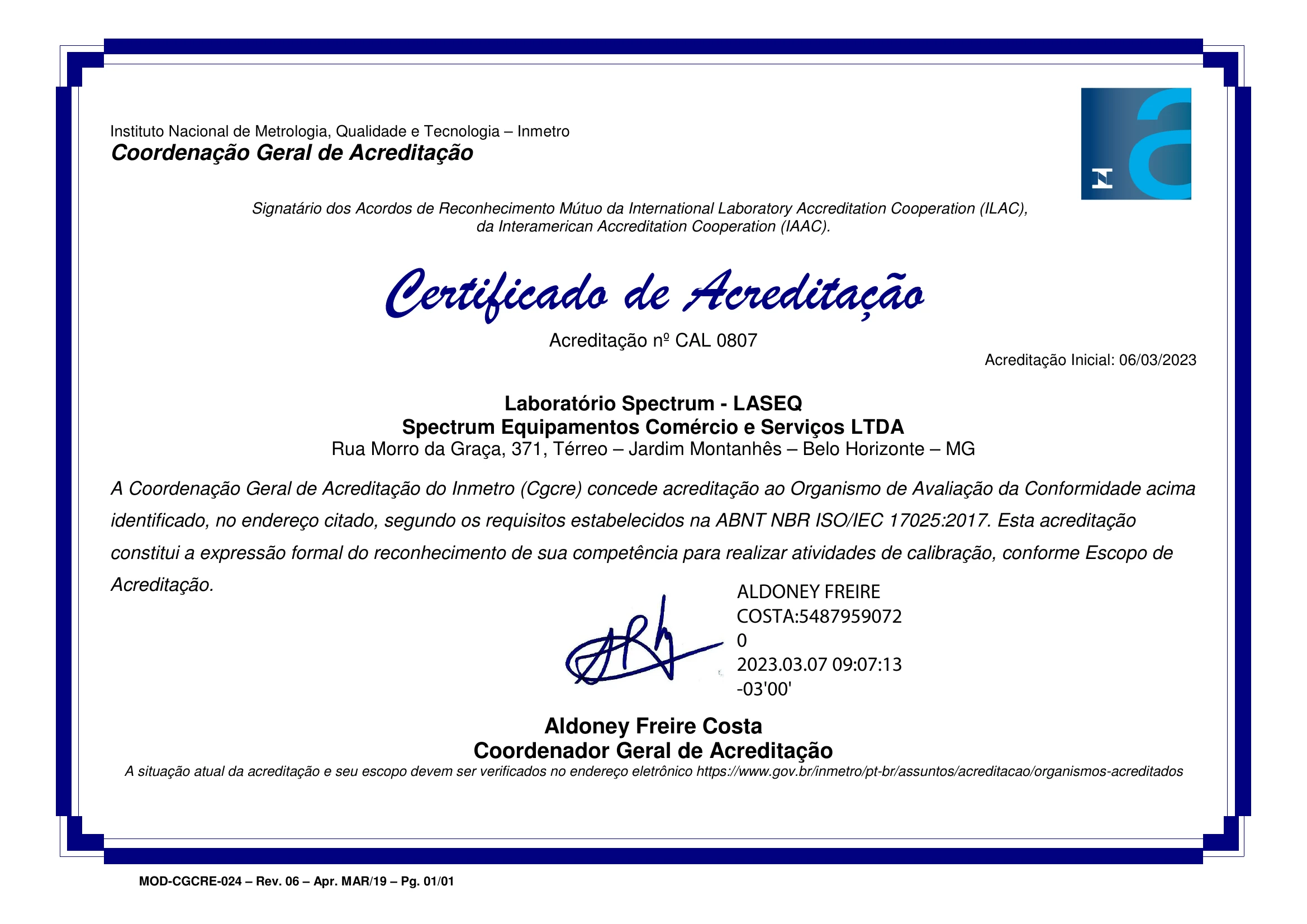 Certificado de Acreditação CAL 0807 — CGCRE/Inmetro